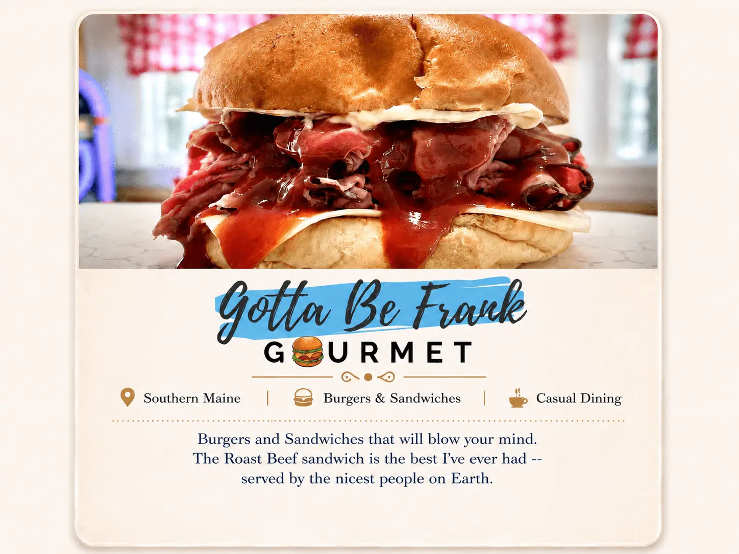 Gotta Be Frank Gourmet burgers and sandwiches recommendation card