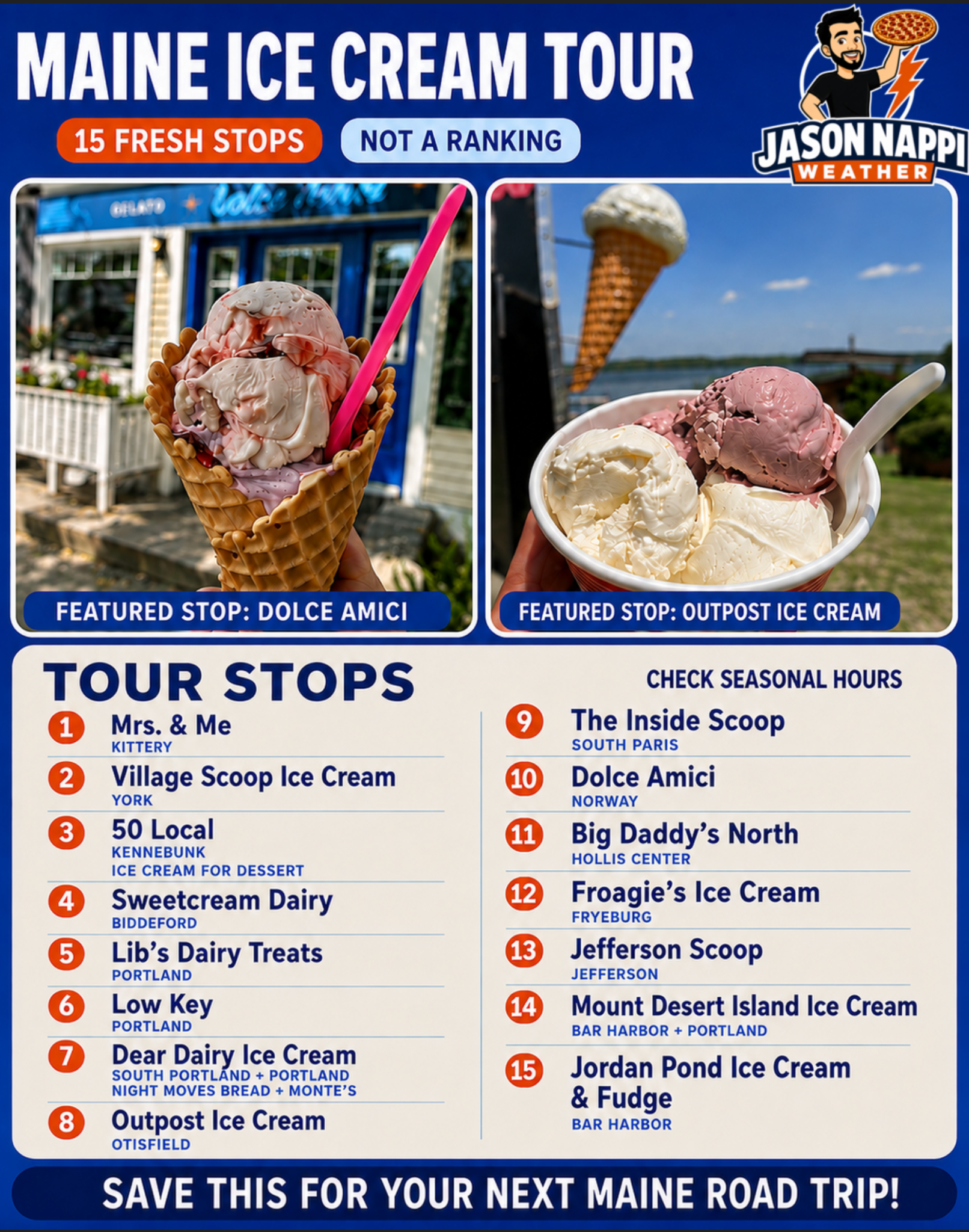 Jason Nappi Maine Ice Cream Tour 4 with 15 fresh stops, featuring Dolce Amici and Outpost Ice Cream