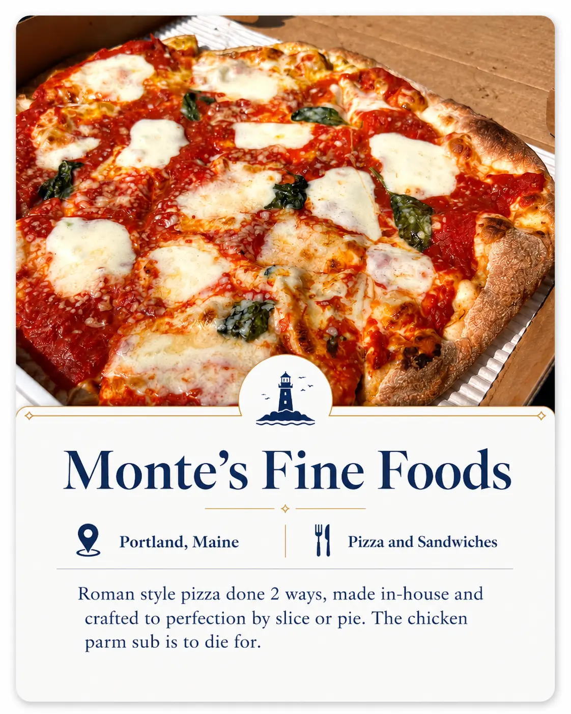 Monte’s Fine Foods recommendation card featuring Roman-style pizza in Portland, Maine