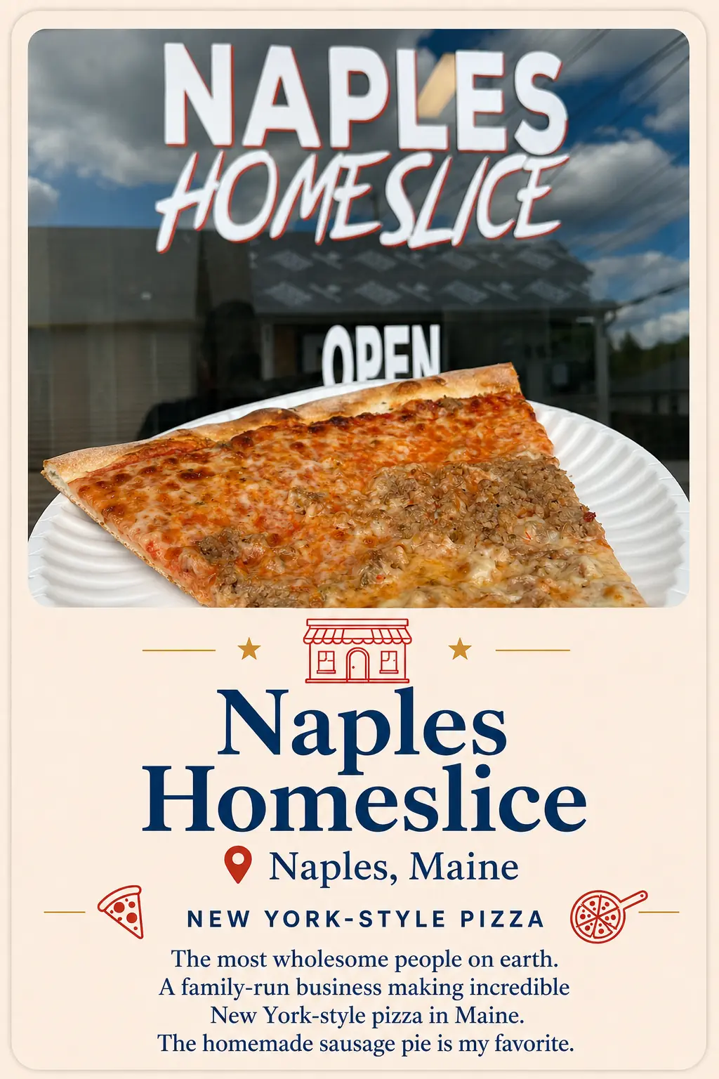 Naples Homeslice recommendation card featuring New York-style pizza in Naples, Maine