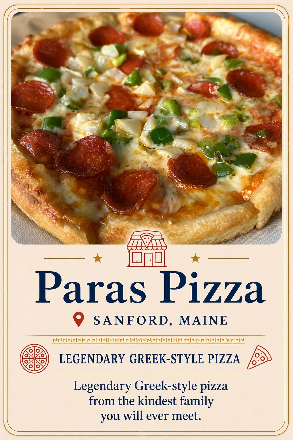 Paras Pizza recommendation card featuring legendary Greek-style pizza in Sanford, Maine