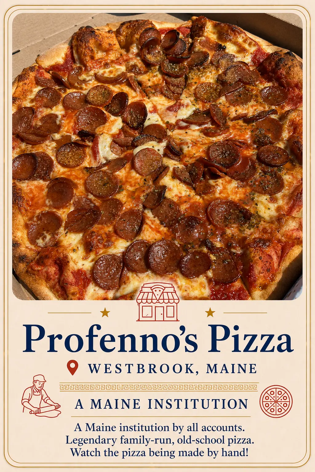 Profenno’s Pizza recommendation card featuring old-school pizza in Westbrook, Maine