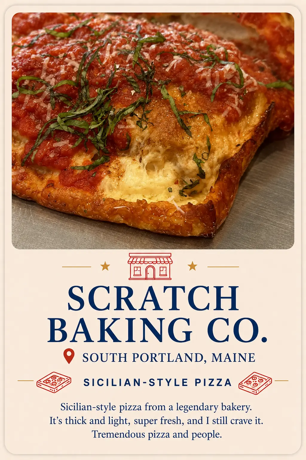 Scratch Baking Company recommendation card featuring Sicilian-style pizza in South Portland, Maine