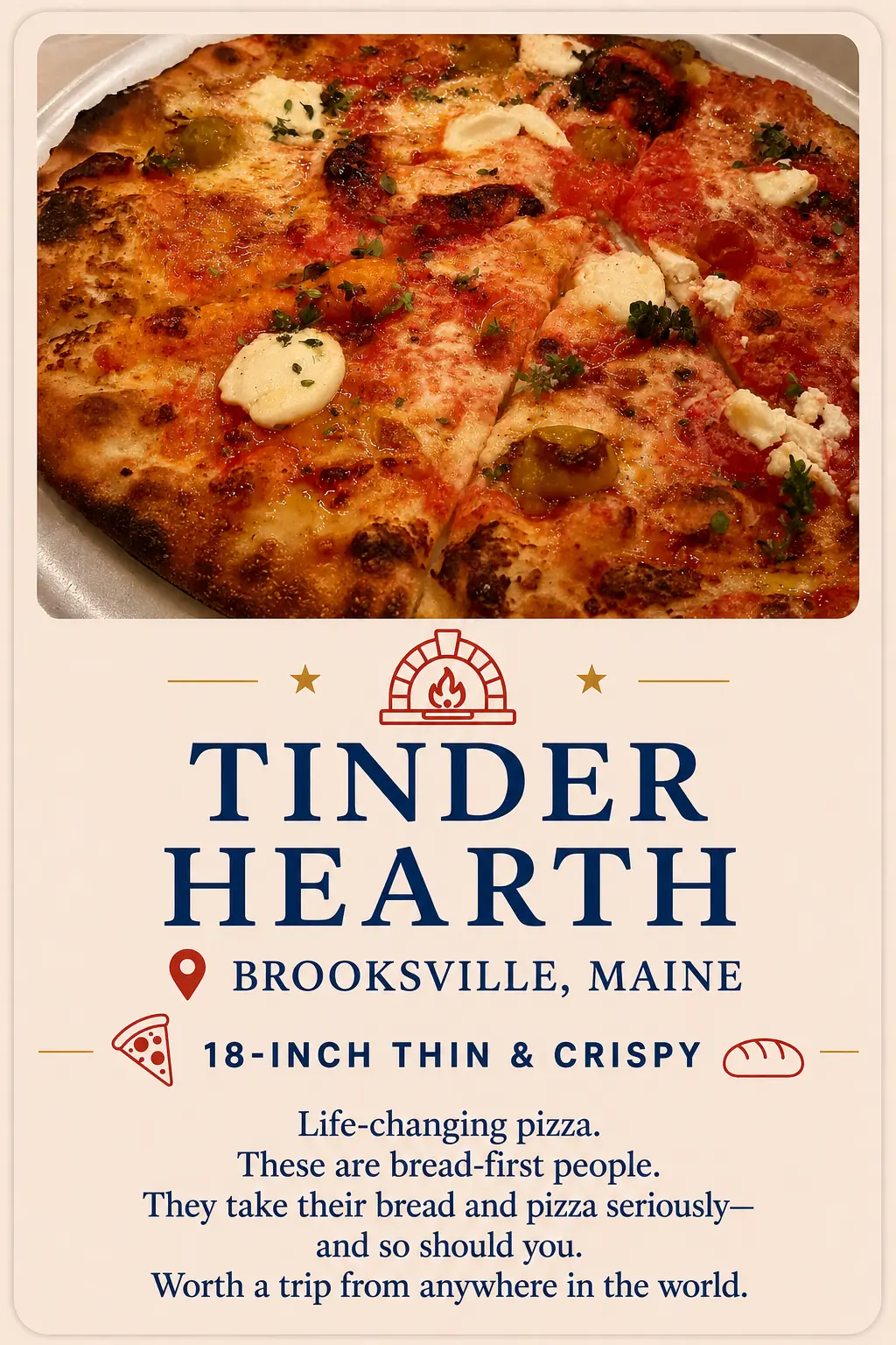 Tinder Hearth recommendation card featuring 18-inch thin and crispy pizza in Brooksville, Maine