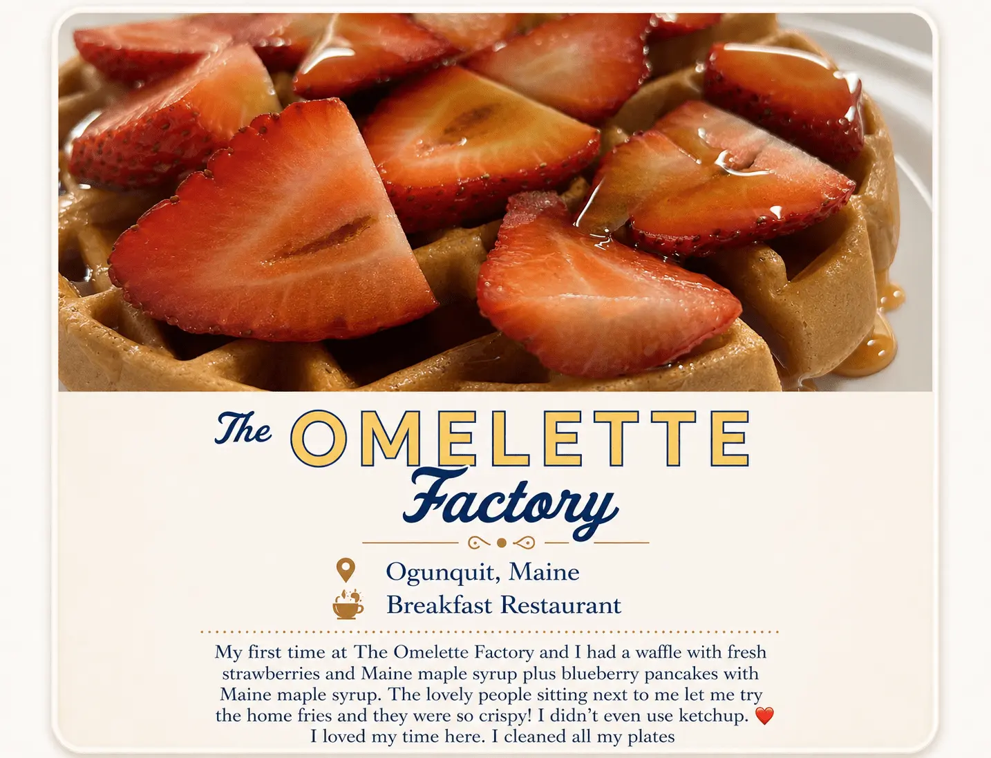 The Omelette Factory breakfast recommendation card in Ogunquit, Maine
