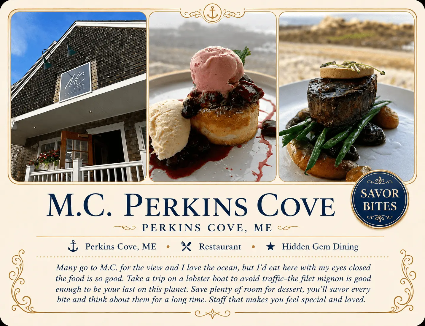 M.C. Perkins Cove restaurant recommendation card