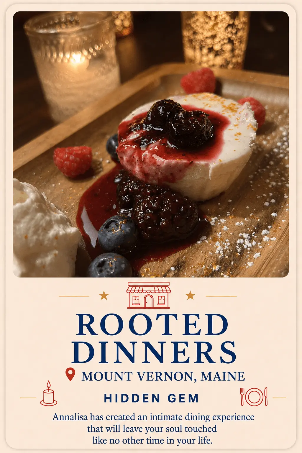 Rooted Dinners hidden gem recommendation card in Mount Vernon, Maine