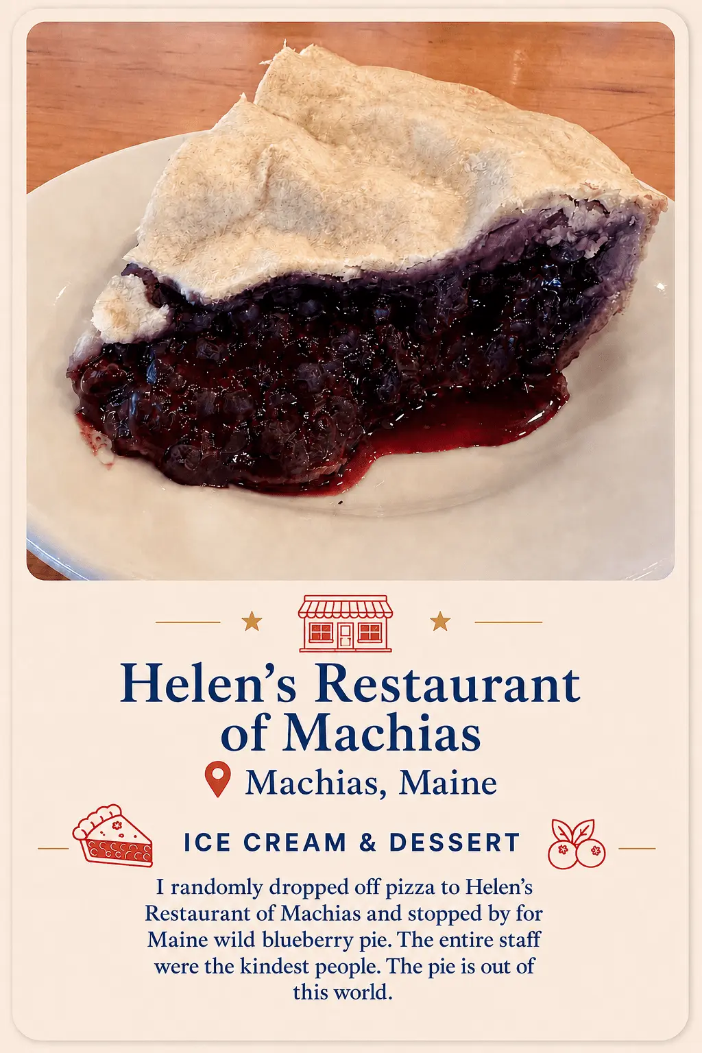 Helen’s Restaurant Maine wild blueberry pie dessert recommendation card