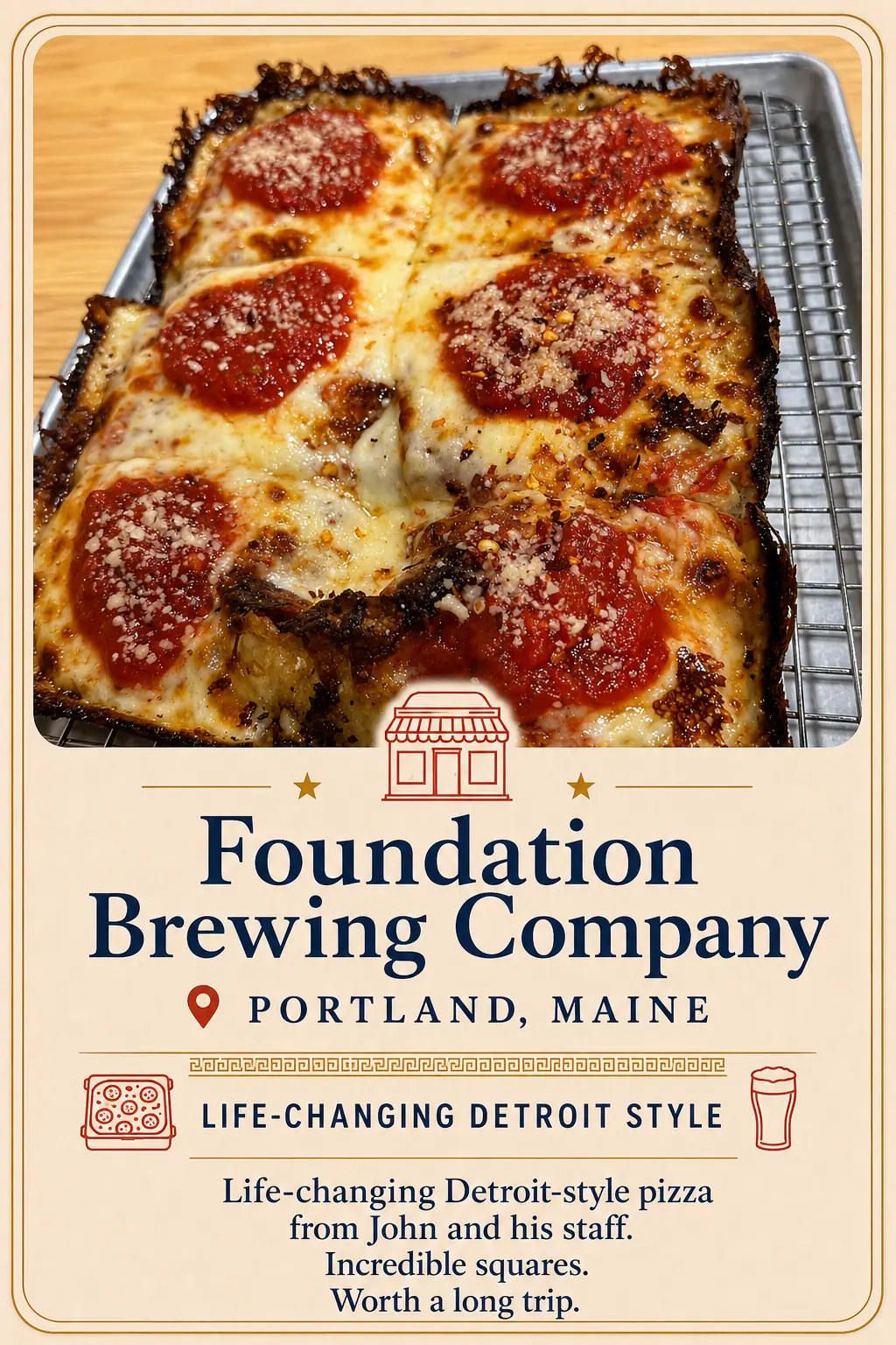 Foundation Brewing Company recommendation card featuring Detroit-style pizza in Portland, Maine