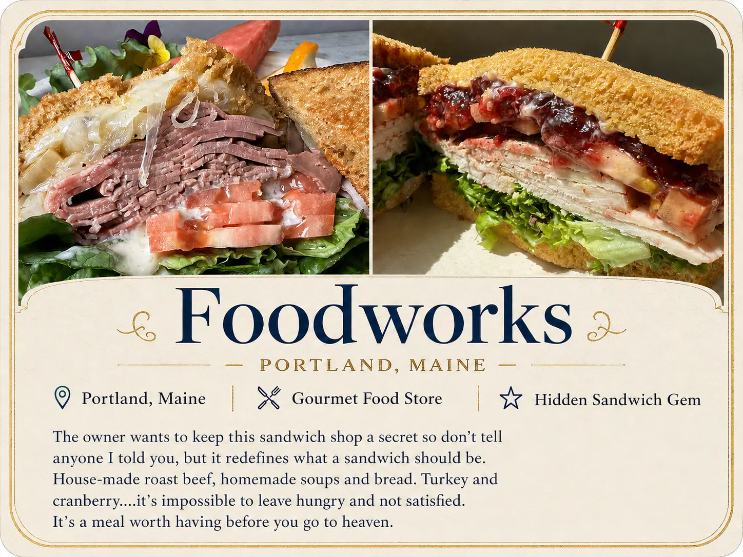 Foodworks gourmet sandwich recommendation card in Portland, Maine