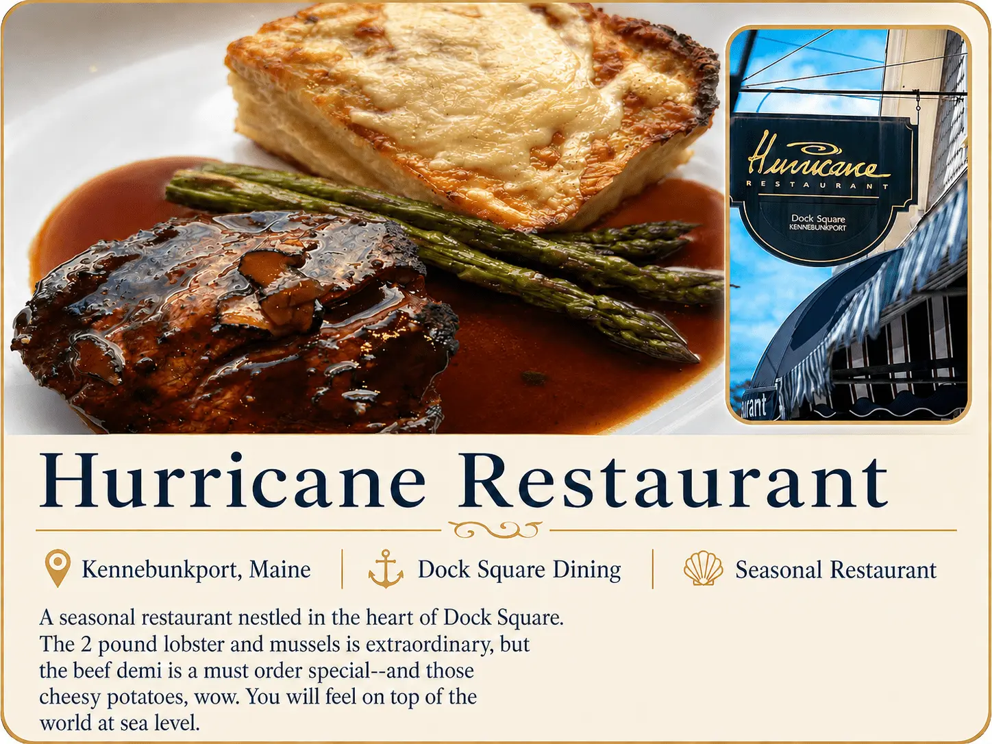 Hurricane Restaurant recommendation card in Kennebunkport, Maine