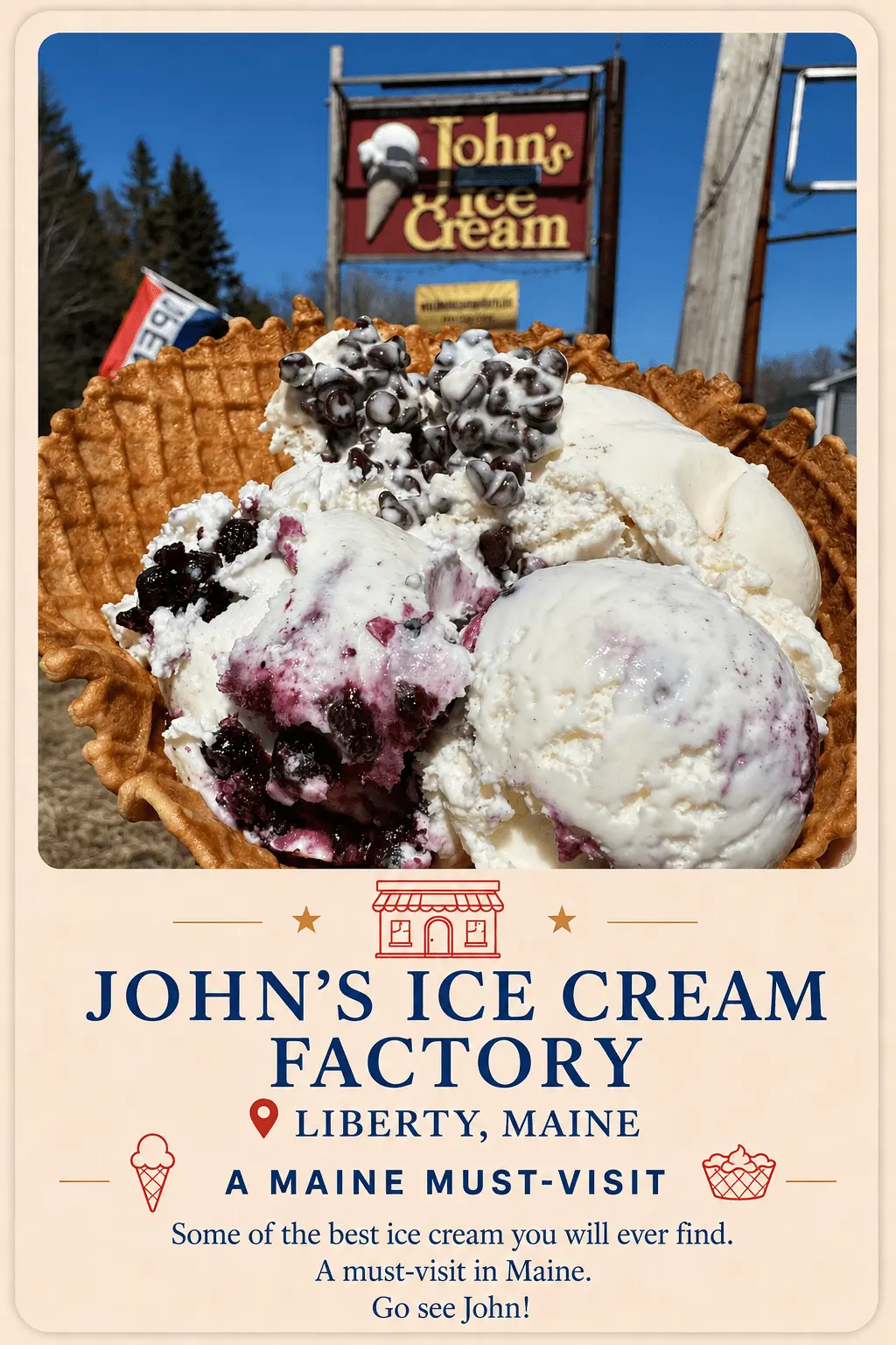 John’s Ice Cream Factory recommendation card in Liberty, Maine