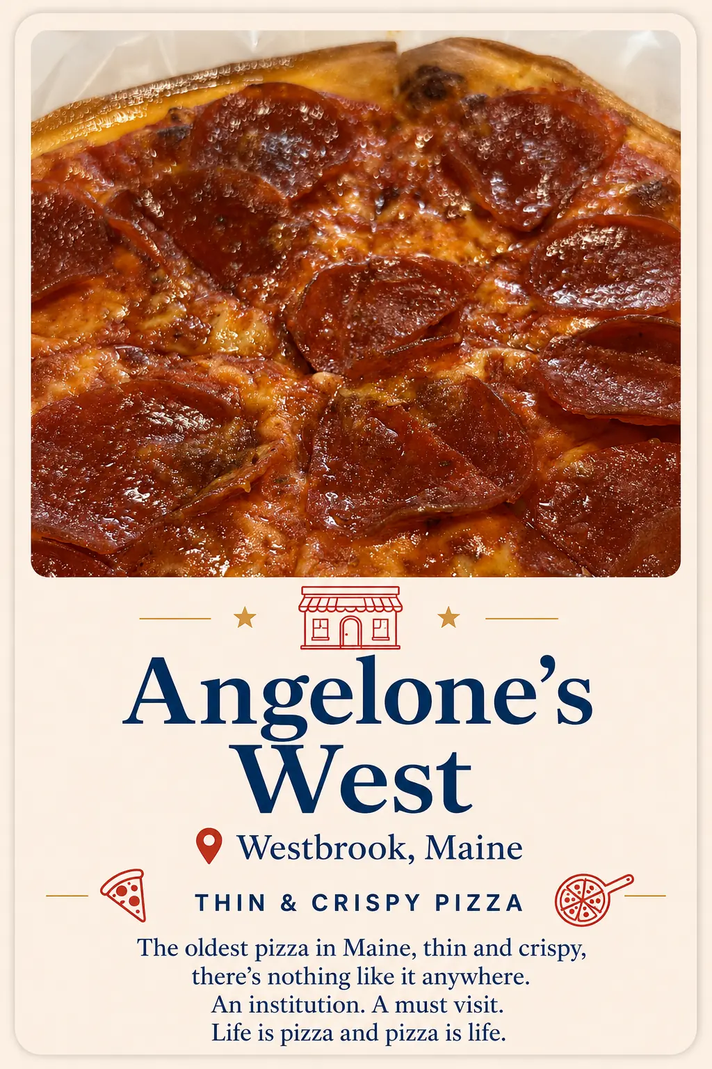 Angelone’s West recommendation card featuring thin and crispy pizza in Westbrook, Maine