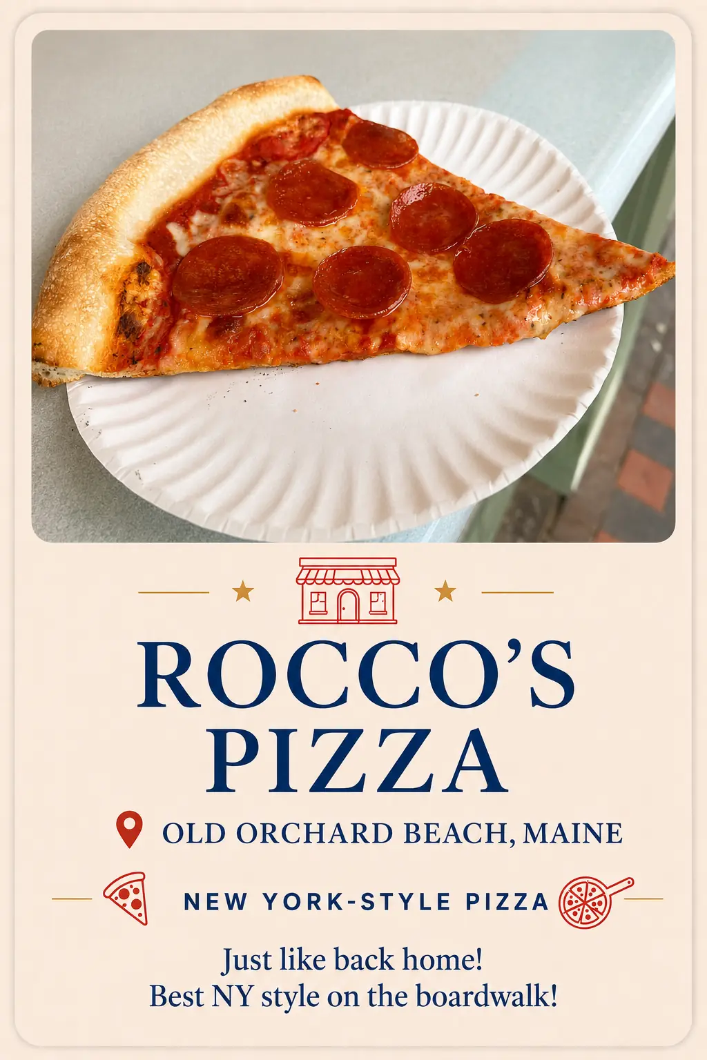 Rocco’s Pizza recommendation card featuring New York-style pizza in Old Orchard Beach, Maine