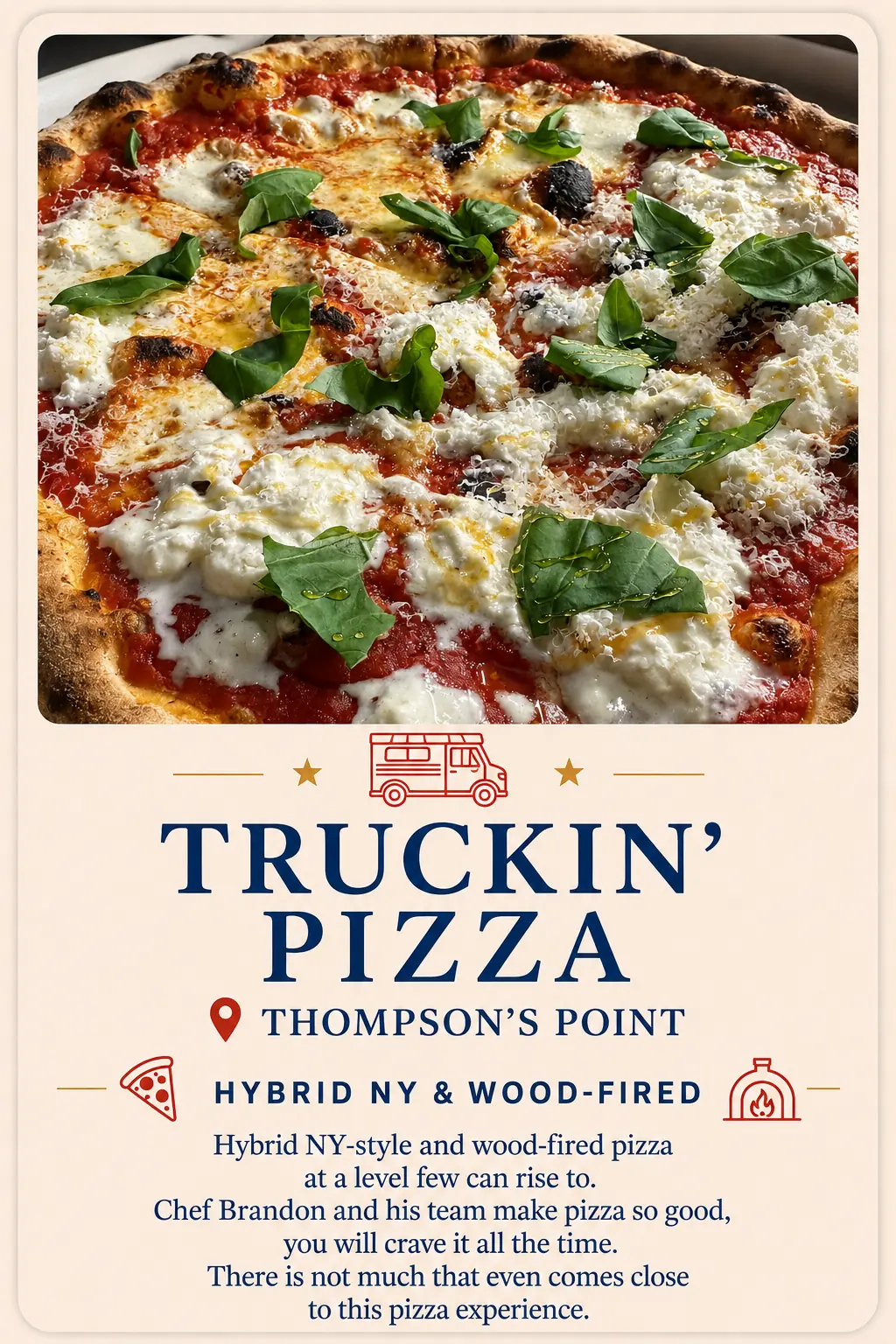 Truckin’ Pizza recommendation card featuring hybrid New York and wood-fired pizza at Thompson’s Point