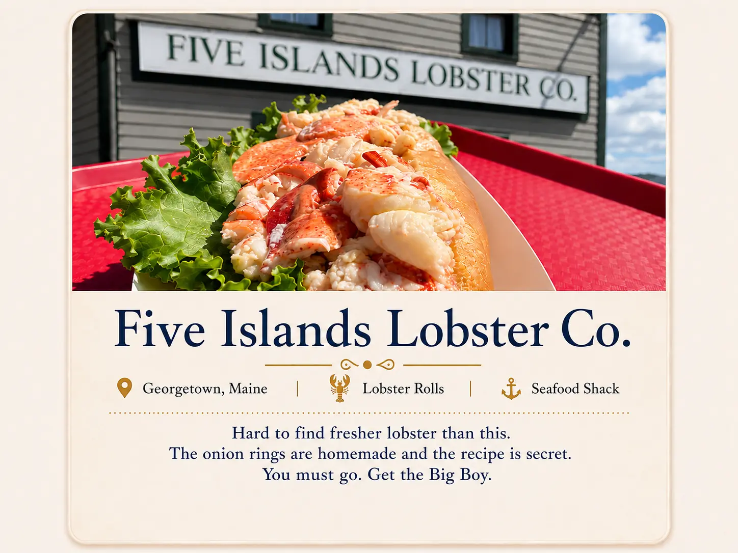 Five Islands Lobster Co. recommendation card