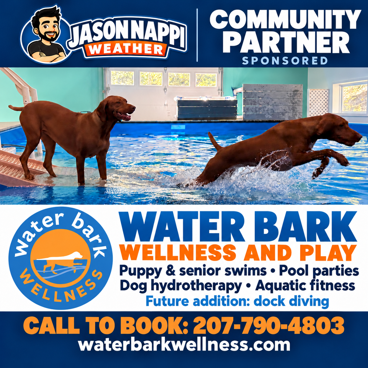 Water Bark Wellness and Play, a sponsored Community Partner in Union, Maine. Dog swims, hydrotherapy, aquatic fitness and pool parties. Call 207-790-4803.